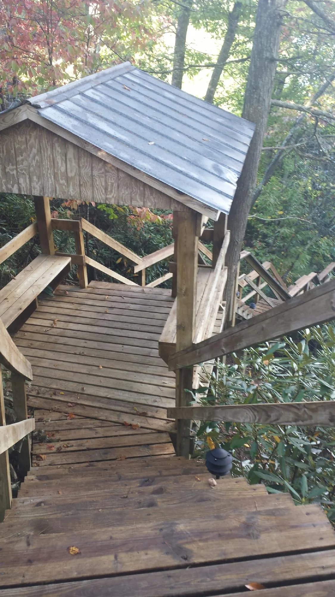 Metal roofed shelter over wooden steps on a wooded walkway — Skylight Repair & Installation work by our crew in Fort Recovery